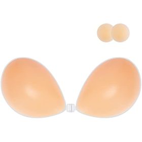 Adhesive Bra Strapless Sticky Invisible Push up Silicone Bra for Backless Dress with Nipple Covers - Lycra Nude - E