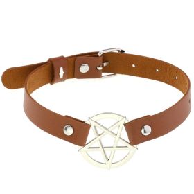 Personalized Exaggerated PU Leather Bondage Collar Fashion Belt Buckle Necklace - Light coffee