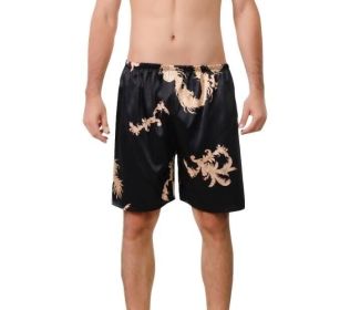 Men Imitation Silk Dragon Print Short Pants Pajama - Black - M