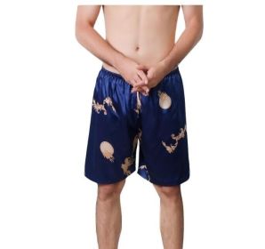 Men Imitation Silk Dragon Print Short Pants Pajama - Blue - XS