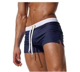 Men's Beach Swimming Trunks Boxer Brief Swimsuit Swim Underwear Boardshorts with Pocket - Navy - L
