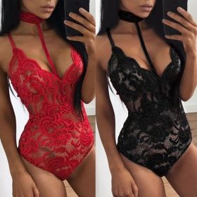 Fashion Women Sheer Lace Floral Leotard Tops Backless Jumpsuit Sexy Lingerie Dress Neck Choker Bodysuit - Red - S