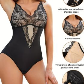 Contrast Lace Shaping Bodysuit, V Neck Sleeveless Slimming Body Shaper, Women's Underwear & Shapewear - Black - M(6)