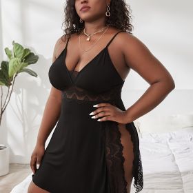Plus Size Solid Contrast Lace Trim Cami Sexy Nightdress; Women's Plus Slight Stretch Semi Sheer Loungewear - Black - 3XL(18)