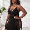 Plus Size Solid Contrast Lace Trim Cami Sexy Nightdress; Women's Plus Slight Stretch Semi Sheer Loungewear - Black - 4XL(20)