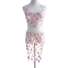 Women's Sequin Bra Dress Set Body Chain - pink and gold