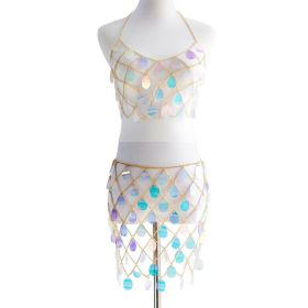 Women's Sequin Bra Dress Set Body Chain - blue and gold
