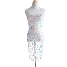 Women's Sequin Bra Dress Set Body Chain - blue and silver