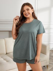 Plus Size Round Neck Short Sleeve Two-Piece Loungewear Set - Sage - 1XL
