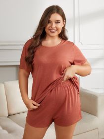 Plus Size Round Neck Short Sleeve Two-Piece Loungewear Set - Brick Red - 4XL