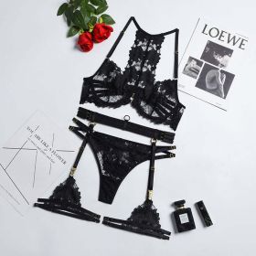 Popular Complex Weight Artworks Embroidery Lace up Criss Cross Underwear Push up Four Piece Set Steel Ring - M - Black
