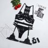 Popular Complex Weight Artworks Embroidery Lace up Criss Cross Underwear Push up Four Piece Set Steel Ring - S - Black