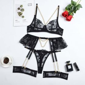 Popular Complex Craft Metal Chain Lace Embroidery Lace Eyelash Underwear - M - Black