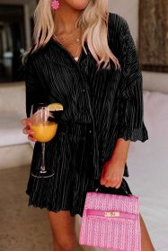 Rose 3/4 Sleeves Pleated Shirt and High Waist Shorts Lounge Set - Black - S
