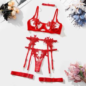 Embroidery Water Soluble Floral Girl Clothing Mesh See through Sexy High End Underwear Bra Set - M - Red