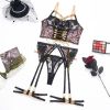 Embroidery Stitching Leopard Print Mesh Color Contrast Sexy Underwear Four Or Five Pieces Suit - S - Black