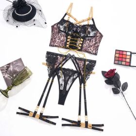 Embroidery Stitching Leopard Print Mesh Color Contrast Sexy Underwear Four Or Five Pieces Suit - S - Black
