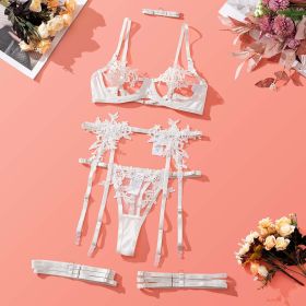 Embroidery Water Soluble Floral Girl Clothing Mesh See through Sexy High End Underwear Bra Set - L - White