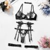Embroidery Water Soluble Floral Girl Clothing Mesh See through Sexy High End Underwear Bra Set - S - Black