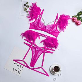 High End Quality Popular Complex Craft Metal Chain Lace Feather Lace Eyelash Underwear Four Piece Set Five Piece Set - L - Coral Red