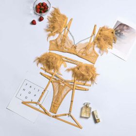 High End Quality Popular Complex Craft Metal Chain Lace Feather Lace Eyelash Underwear Four Piece Set Five Piece Set - S - Khaki