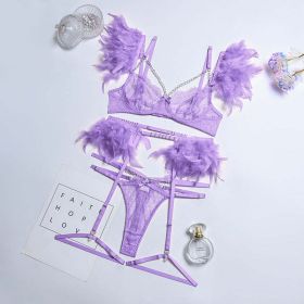 High End Quality Popular Complex Craft Metal Chain Lace Feather Lace Eyelash Underwear Four Piece Set Five Piece Set - L - Purple