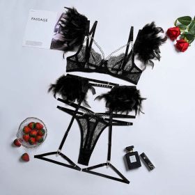 High End Quality Popular Complex Craft Metal Chain Lace Feather Lace Eyelash Underwear Four Piece Set Five Piece Set - S - Black