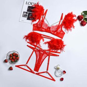 High End Quality Popular Complex Craft Metal Chain Lace Feather Lace Eyelash Underwear Four Piece Set Five Piece Set - L - Red