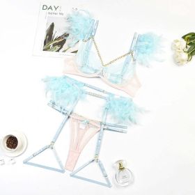 High End Quality Popular Complex Craft Metal Chain Lace Feather Lace Eyelash Underwear Four Piece Set Five Piece Set - M - Light Blue