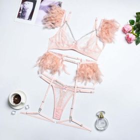 High End Quality Popular Complex Craft Metal Chain Lace Feather Lace Eyelash Underwear Four Piece Set Five Piece Set - M - Pink