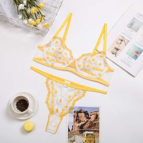 Floral Kiss Summer Women Clothing Little Daisy Embroidery Mesh See through Hollow Out Cutout with Steel Ring Push up Underwear Set - L - Yellow