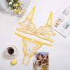 Floral Kiss Summer Women Clothing Little Daisy Embroidery Mesh See through Hollow Out Cutout with Steel Ring Push up Underwear Set - S - Yellow