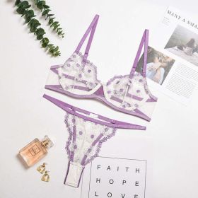 Floral Kiss Summer Women Clothing Little Daisy Embroidery Mesh See through Hollow Out Cutout with Steel Ring Push up Underwear Set - M - Purple