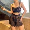 Lace See Through Short Skirt Body Shaping Chest Sexy Suspenders Underwear Three Piece Suit - S - Black