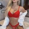 Lace Underwear Set T Shaped Underwear Shoulder Strap Adjustable Three Rows Two Buttons Comfortable Bra - 70B - Red
