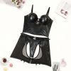 Fabric Leather Body Shaping Sling Underwear Set Sexy Mesh Sexy Three Piece Set - S - Black