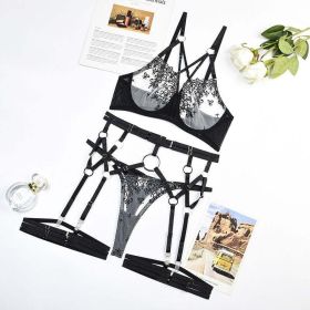 Embroidery Cross Lace up Bra Sexy Underwear Three Piece Set - L - Black