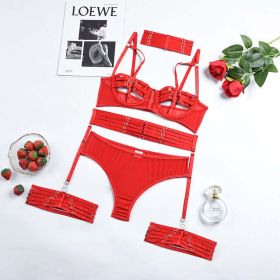 Popular Women Clothing Stitching Complex Heavy Craft Seethrough Corset Underwear Five Piece Set - L - Red