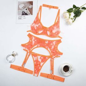 High End Quality Women Clothing Butterfly Embroidery Hollow Out Cutout out See through Sexy Underwear with Steel Ring Five Piece Set - M - Fluorescent