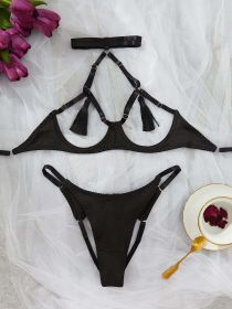 Sexy Lingerie Body Shaping Sexy Halter Tassel Seduction Underwear Set - S - Black