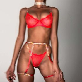 Eyelash Lace Rhinestone Ribbon Sexy See through with Steel Ring Sexy Lingerie Four Piece Set - L - Red