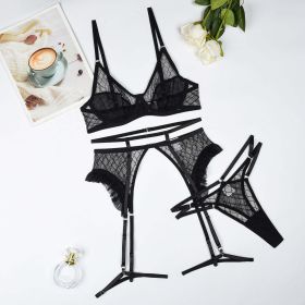 Bra Rhombus Mesh Stitching Perspective Sexy Underwear Four Piece Set - M - Black