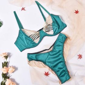 Lingerie Sexy Underwear Three Point Satin Embroidery Stitching See through Dew Pajama Set - L - Green