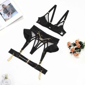 Mesh Joint Flounce Metal Chain See through Sexy Bodybuilding Underwear Set for Women - M - Black