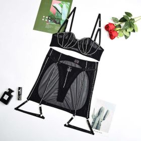Comfortable Mesh Sexy See Through Diamond Decorations Sexy Lingerie Three Piece Set - S - Black