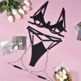Comfort Sexy Dew Pp Strap Chain Sexy Lingerie Three Piece Set - S - Black