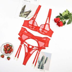 Sexy Sheer Mesh Women Push Up Sexy Split Underwear With Steel Ring Three Piece Set - S - Red