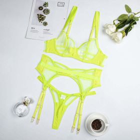Sexy Sheer Mesh Women Push Up Sexy Split Underwear With Steel Ring Three Piece Set - L - Fluorescent Green