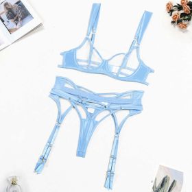 Sexy Sheer Mesh Women Push Up Sexy Split Underwear With Steel Ring Three Piece Set - M - Blue