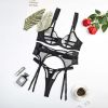 Sexy Sheer Mesh Women Push Up Sexy Split Underwear With Steel Ring Three Piece Set - S - Black